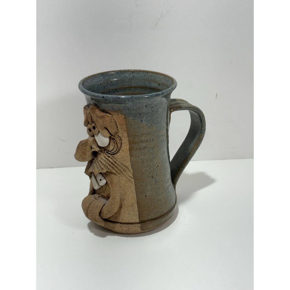 Pottery Funny Ugly Face Coffee Mug Artist Signed M. K. S 77 Folk Art Vtg